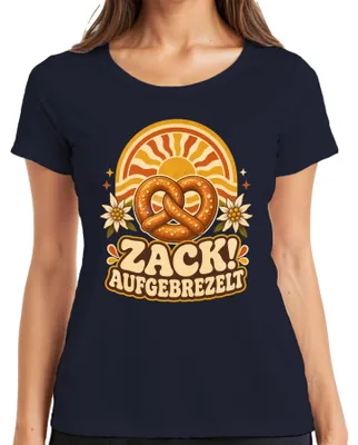 Productafbeelding van Zack! Opdruk met "Brezel", "Edelweiß", "Bayern", traditioneel kledingstuk, dames T-shirt, marineblauw, maat S