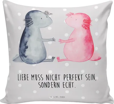 Produktbild von Mr. & Mrs. Panda Sofa Kissen Axolotl Liebe - Grau Pastell - Geschenk, Freund, 40x40, Dekokissen, kuschelkissen, Sofakissen, Valentinstag