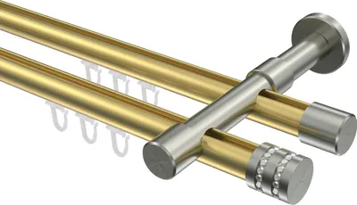 Produktbild von Interdeco Innenlaufstange / Gardinenstange mit Innenlauf Messing-Optik / Edelstahl-Optik, Typ Prestige Estana (Glitzerkappe), 20 mm Ø 2-läufig, 240 cm
