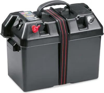 A black battery box with a handle and straps.