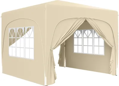 Image de Pavillon de plage 3x3 mètres, modèle pop-up, couleur sable. Pavillon étanche avec protection UV 50+, comprenant 4 panneaux latéraux avec fenêtres. Tente de jardin, tente de fête, avec sac de transport inclus. Couleur : beige. Tente de réception