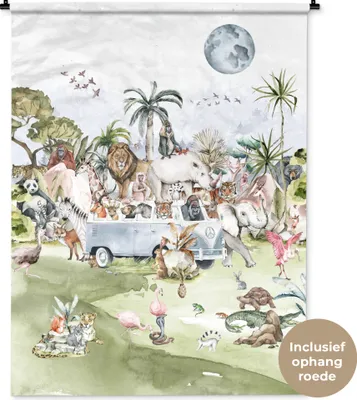 Produktbild von MuchoWow® Wandteppich Wandbehang Dschungel - Bus - Tiere - Kinder - Pflanzen 120x160 cm Tapisserie Dekoration Wandtuch - Wohnzimmer - Moderne