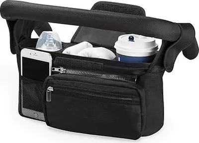 Produktbild von Kinderwagen-Organizer, universell mit isoliertem Becherhalter, Reißverschlusstasche, Schultergurt und großem Stauraum für Windeln und Handys, Schwarz.