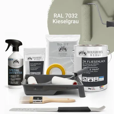 Produktbild von WO-WE Komplettset 2K Fliesenlack Renovierungsset für Küche, Badezimmer, Wand- & Bodenfliesen Kieselgrau 5Kg