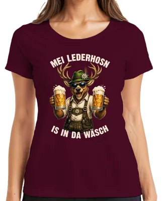 Produktbild von Mei Lederhosn is in da Wäsch Hirsch  Lederhose Dirndl Damen T-Shirt, Burgundy, S