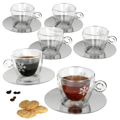 Image de Tasse à thé double paroi en verre thermique et sous-tasse en acier inoxydable, ensemble de 12 pièces, capacité de 165 ml