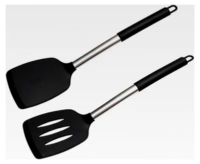 Produktbild von 2-teiliges Pfannenwender-Set, Silikon-Pfannenwender mit Edelstahlgriff, hitzebeständig und antihaftbeschichtet, Pfannkuchenwender und Lochwender für die Küche, Küchenutensilien, Schwarz
