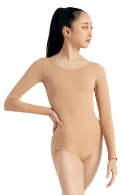 Immagine prodotto di Body da ginnastica a maniche lunghe da donna Capezio, color beige chiaro, taglia XS