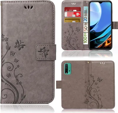 Produktbild von Handy Tasche für Xiaomi Redmi 9T  Schutz Hülle Handyhülle mit Blumenmuster Klapp Hülle mit Standfunktion und Kartenfächer Grau