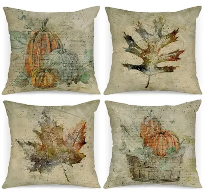 Kissenbezüge 40x40 cm, 4er-Set, Herbstmotiv Ahornblatt & Kürbis