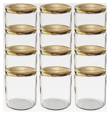Produktbild von 12 x 405 ml Einmachgläser mit TO 82 Schraubdeckel in Gold – Ideal für Marmeladen, Konfitüren und mehr, große Gläser mit Deckel