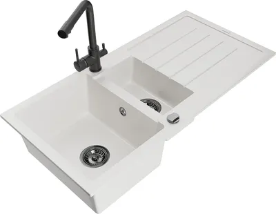 Immagine prodotto di Mexen Andres lavello in granito 1,5 vasche con scolapiatti e rubinetto da cucina Duero, bianco - 6515-20-671600-70