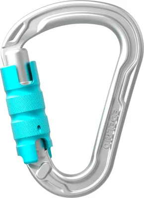 HMS Strike Triple Karabiner von Edelrid in silber mit türkisfarbener Sicherung.
