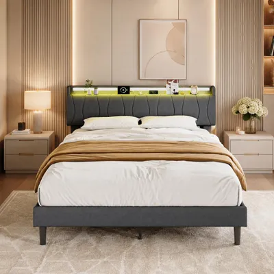 Image de Lit rembourré INONEFT, 160x200 cm, avec éclairage LED, ports Type-C et USB, lit double avec espace de rangement dans la tête de lit, lit pour adolescents avec sommier à lattes, couleur gris, Image générée par une IA