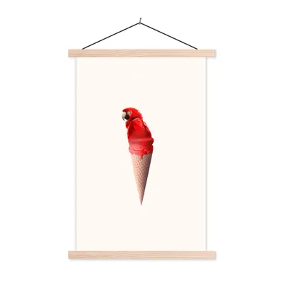 Produktbild von MuchoWow® Textilposter Eiscreme - Papagei - Rot - Eistüten - Weiß 120x180 cm mit holzfarbenen Rahmen - Textil-Plakat