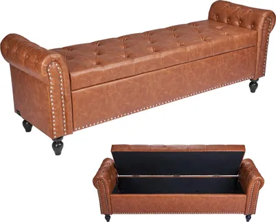 Obrázok produktu pre VEVOR lavica otoman (460 x 1660 x 560 mm) zPolyuretánkože s drevenými nohami, úložným priestorom a prešívaním gombíkov, moderná lavica na topánky s nosnosťou 300 kg, lavica do spálne, lavica do obývačky, jedáleň, hnedá
