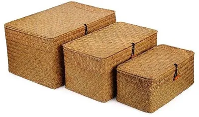 Produktbild von Famanu Aufbewahrungskörbe aus Seegras mit Deckel - Set von 3 (groß, mittel, klein)