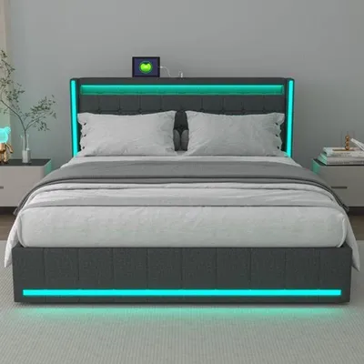 Image de Lit double avec tiroirs et éclairage LED - Tissu lin gris foncé - Structure en métal