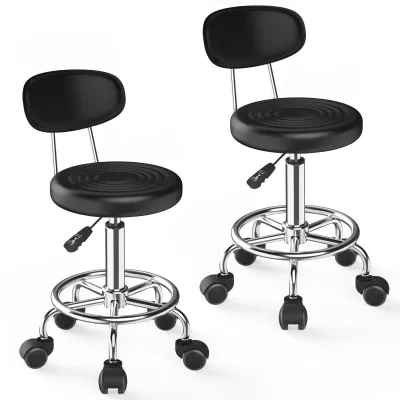 Immagine prodotto di Set da 2 sgabelli da bar girevoli con rotelle - Regolabili in altezza - Con schienale - Seduta imbottita - Struttura in metallo - Nero