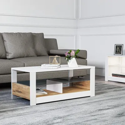 Zdjęcie produktu dla Skye Decor, nowoczesny stolik kawowy z półką szklaną, 90 x 37 x 45 cm | 100% płyta wiórowa pokryta melaminą, grubość 18 mm | Możliwość montażu do ściany, kolor biały i dąb, stylowy design.