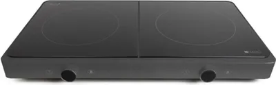 A black two-burner induction cooktop is shown from a slightly elevated front-facing angle against a white background.