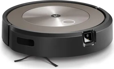 A robotic vacuum cleaner is shown from a slightly elevated angle against a white background.