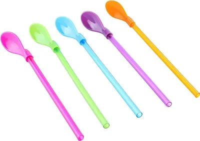 Produktbild von 15 Stück Strohhalmlöffel, 2-in-1 wiederverwendbarer Strohhalmlöffel, Cocktailrührer, bunte Strohhalmlöffel aus Kunststoff