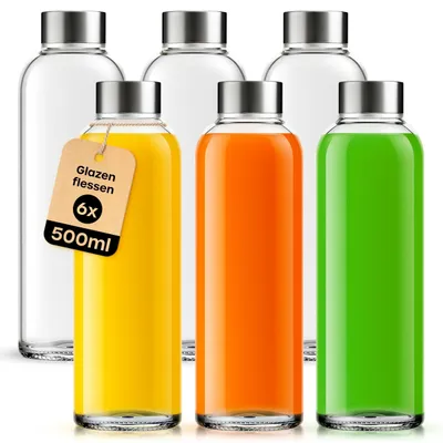 Immagine prodotto di Bottiglie di vetro con tappo - Confezione da 6, capacità 500 ml. Bottiglie di vetro a prova di perdite, ideali per acqua, succhi, latte e frullati