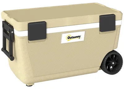 Zdjęcie produktu dla Lodówka turystyczna o pojemności 70 litrów, z kółkami, zapewniająca 72 godziny chłodzenia | Kolor: khaki | Wymiary: 42,2 x 84 x 44,3 cm