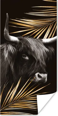 Produktbild von MuchoWow® Poster Schottischer Highlander - Blätter - Gold 20x40 cm - Plakat - Foto