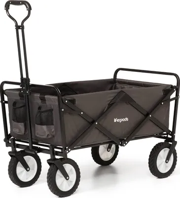 Produktbild von LifeGoods Bollerwagen Faltbar - 94 l Fassungsvermögen - 70 kg Tragkraft - 90 x 50 x 58 cm - Drehbare Räder, 2 Höhenpositionen und waschbare Hülle – Camping- und Gartenwagen, Grau