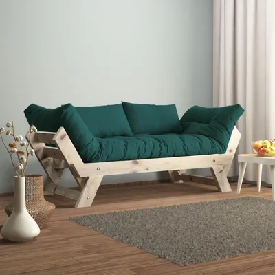 Image de Canapé de jardin 2 places en bois de pin et lin naturel et vert pétrole - L 180 à 210 × P 75 cm - Imperméable