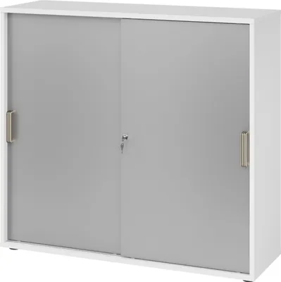 Produktbild von bümö Schiebetürenschrank office - 3 Ordnerhöhen - Griff: Streifengriff (Kunststoff), Nachbildung: Weiß/Silber