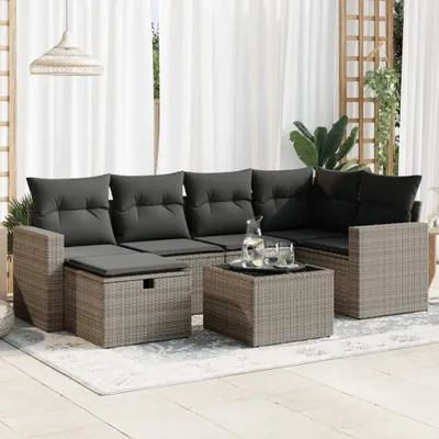 Produktbild von Design 7-tlg. Garten-Sofagarnitur mit Kissen Grau Poly Rattan, Gartenmöbel-Sets 2024 Neu