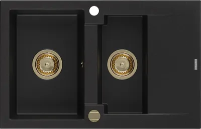 Produktbild von Mexen Gaspar 1,5-Becken-Granitspüle mit Abtropffläche 737 x 475 mm, Schwarz, Siphon Gold - 6507731505-77-G