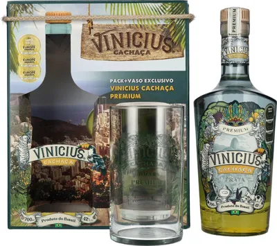 Produktbild von VINICIUS Premium Cachaca Prata 42% Vol. 0,7l in Geschenkbox mit Glas