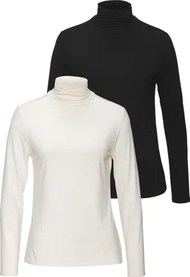 Produktbild von LASCANA Stehkragenshirt aus weichem Viskose-Stretch creme, schwarz Größe 32/34