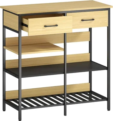 Image de Buffet en bois naturel 90 x 40 x 91 cm avec 2 tiroirs et 3 étagères ouvertes, pour la cuisine ou le salon