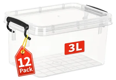 Zdjęcie produktu dla Zestaw 12 sztuk plastikowych pojemników do przechowywania z pokrywkami, pojemność 3 litry