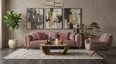 Productafbeelding van Woonkamer set: 3-zits bank, fauteuil, modern design, roze, harmonieus