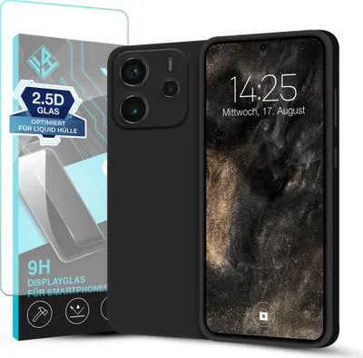 A black smartphone case and screen protector are displayed next to each other on a white background.