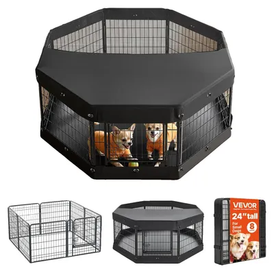 Productafbeelding van VEVOR Puppyren, metalen ren voor puppy's, 61 cm, 8-delig. Inclusief deksel en bodemmat. Speelplaats voor kleine honden, katten en andere kleine dieren. Opvouwbaar. Door de verschillende vormen veelzijdig inzetbaar