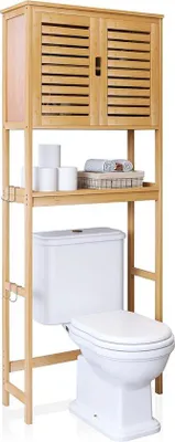 Image de Porte-serviettes en bambou pour salle de bains, avec 2 portes et une étagère intérieure réglable