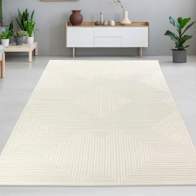 Obrázok produktu pre Koberec s krátkym vlasom krémový geometrický vzor s lesklým efektom moderný a ľahko udržiavateľný Veľkosť - 120 x 170 cm
