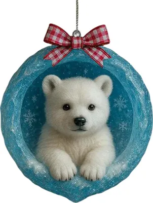 Produktbild von Weihnachtsschmuck mit arktischen Tieren: 2D-Acryl-Höhlenmotiv mit Eisbär und Pinguin als Hängedekoration für den Weihnachtsbaum.