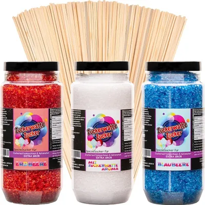 Produktbild von Zuckerwatteset Grob 3x700 g mit 100 Stäben Blaubeere, Erdbeere, Weiß