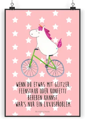Produktbild von Mr. & Mrs. Panda Bild Einhorn Radfahrer DIN A5 - Rot Pastell - Geschenk, wanddeko, Plakat, Wandbild, Rad, drucke, Kunstdruck, Einhörner, Unicorn, Liebeskummer, Bike