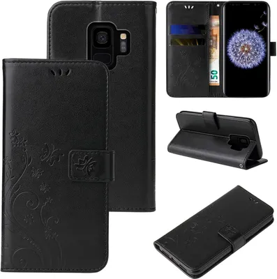 A collage of images showing a black floral embossed flip phone case for a Samsung Galaxy S9.