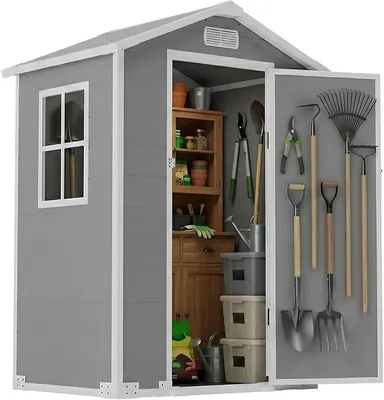 Produktbild von Geräteschuppen Kunststoff 2,32m? – Wetterfestes Gartenhaus 128x94x196cm mit Boden, Fenster & Belüftung – Abschließbarer Gartenschrank für Werkzeug & Zubehör – Grau