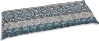 A long pillow or cushion with a decorative pattern.